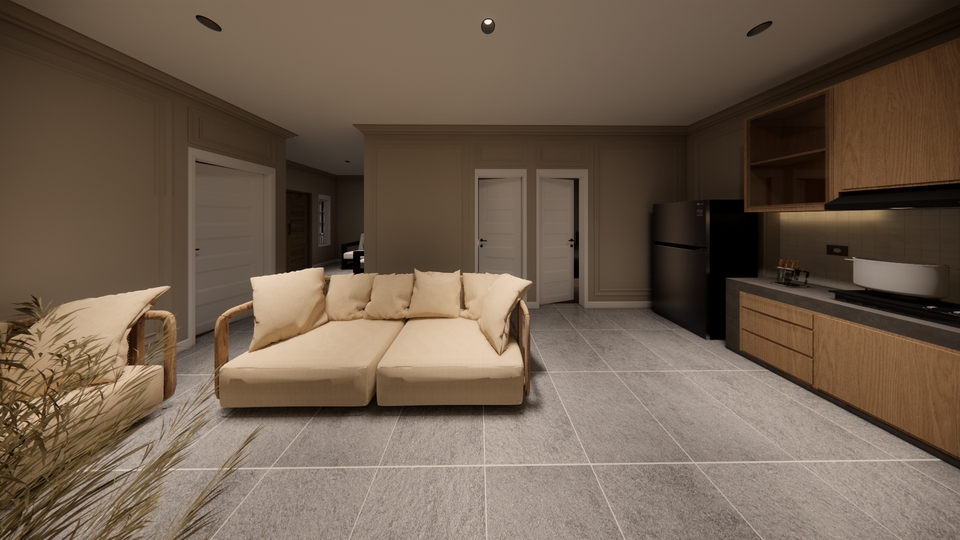 Desain interior ruang tamu minimalis dengan sofa dan jendela besar, jasa desain interior, jasa desain rumah, desain rumah minimalis, desain interior apartemen, desain rumah modern