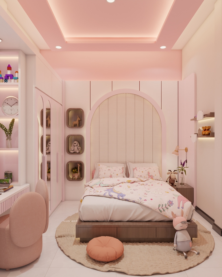 Desain interior kamar tidur anak perempuan dengan tema minimalis modern, dilengkapi dengan tempat tidur, lemari, dan rak dinding.