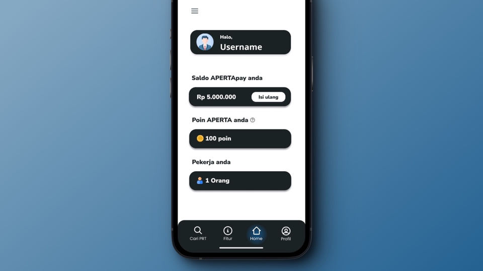 Desain UI UX aplikasi mobile dengan saldo, poin dan jumlah pekerja,  menampilkan username, saldo, poin dan pekerja dengan background biru.
