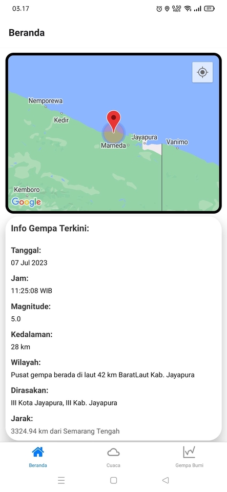Jasa pembuatan aplikasi android, mobile app, ios untuk melacak gempa bumi di Indonesia.