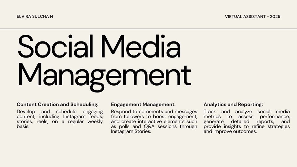 Jasa virtual assistant untuk manajemen media sosial, termasuk membuat konten, menjadwalkan postingan, dan menganalisis performa.