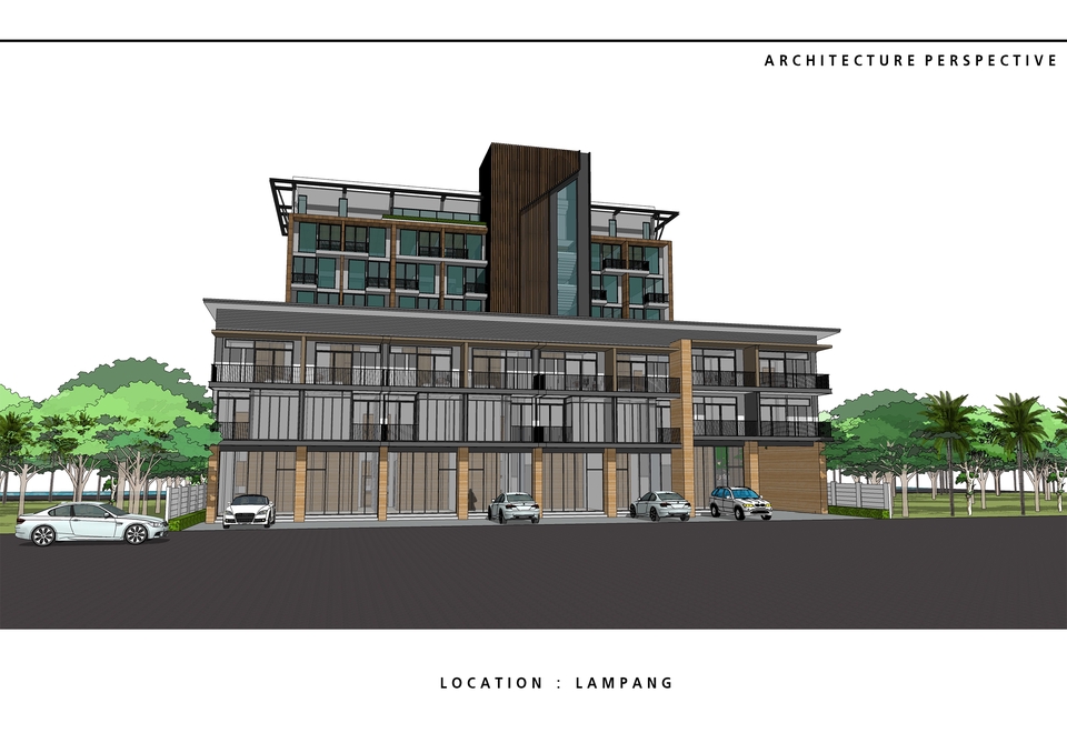 รับออกแบบบ้านและตกแต่งภายในในลำปาง บ้านพักอาศัย 3 ชั้น มีที่จอดรถ