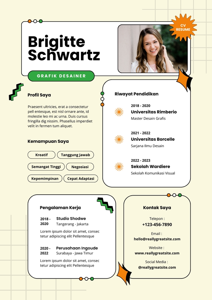 Jasa Pembuatan CV, Portofolio, Desain CV Menarik, Desain CV Unik, Desain Curriculum Vitae, Brigette Schwartz, Grafik Desainer.