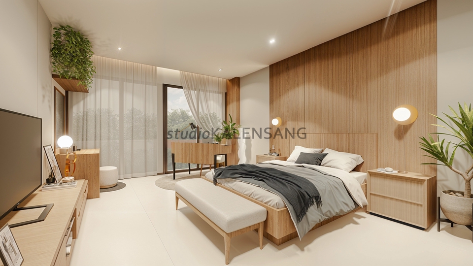 Desain interior kamar tidur minimalis dengan jendela besar dan nuansa kayu yang hangat.