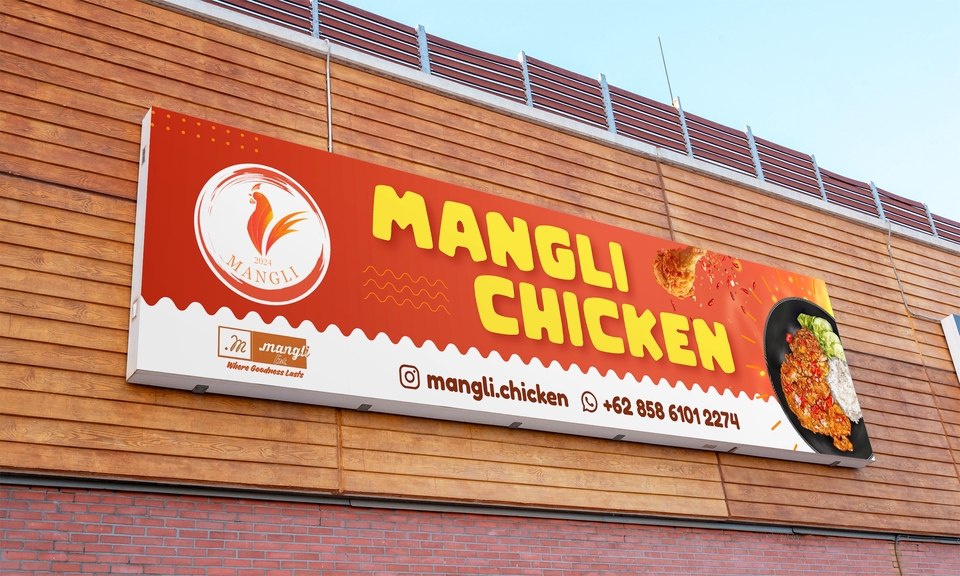 Spanduk promosi untuk jasa catering ayam panggang Mangli Chicken.