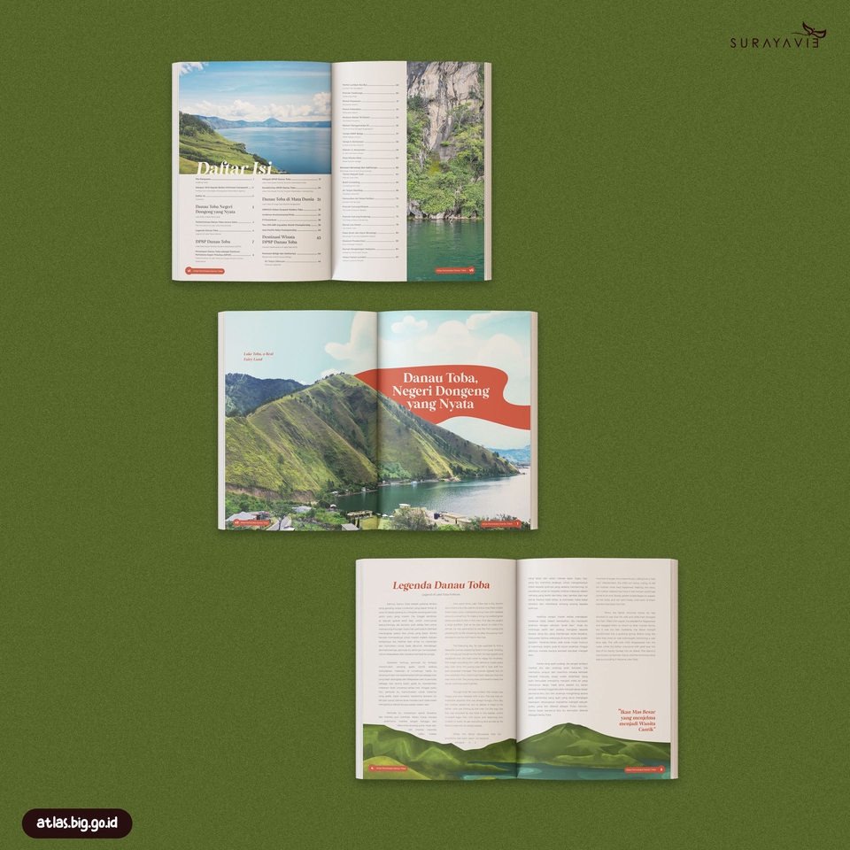 Jasa desain brosur dan desain cover majalah untuk promosi pariwisata di Danau Toba, Sumatera Utara.