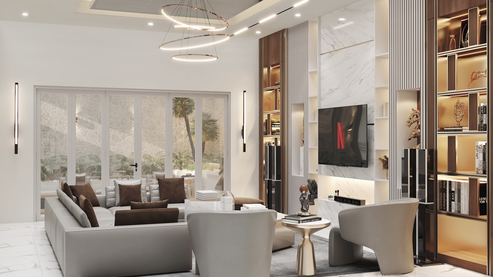 Jasa desain interior rumah minimalis modern dengan ruang tamu dan dapur yang luas, cocok untuk keluarga kecil.