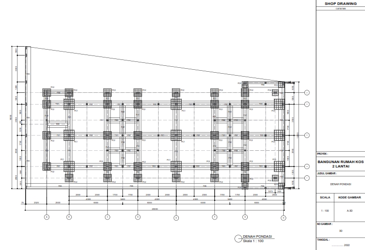 Jasa drafter autocad untuk gambar denah pondasi bangunan rumah kost 2 lantai.
