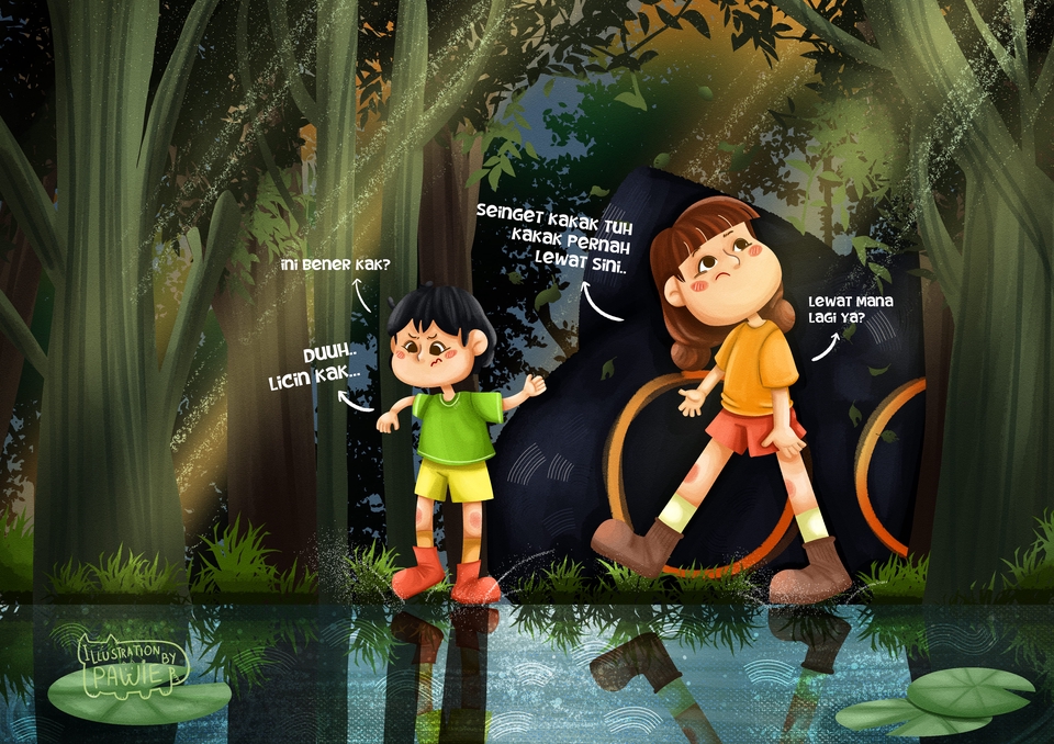 Ilustrasi kartun dua anak sedang berpetualang di hutan