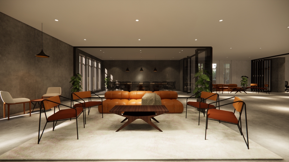 Jasa desain interior kantor minimalis modern dengan kursi dan sofa nyaman.