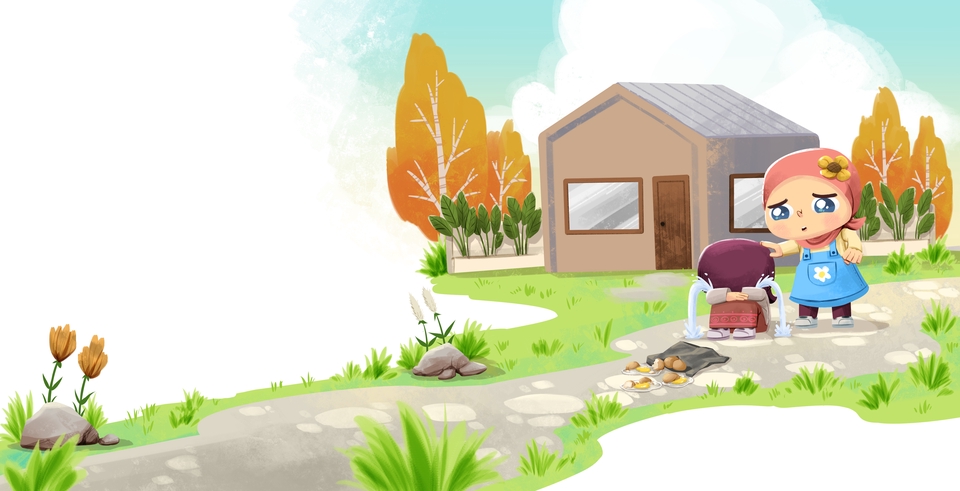 Ilustrasi kartun dua perempuan sedang berjalan di taman, seorang sedang menenangkan temannya.