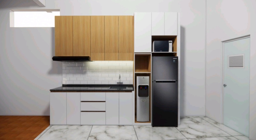 Desain lemari dapur minimalis dengan rak terbuka dan kulkas