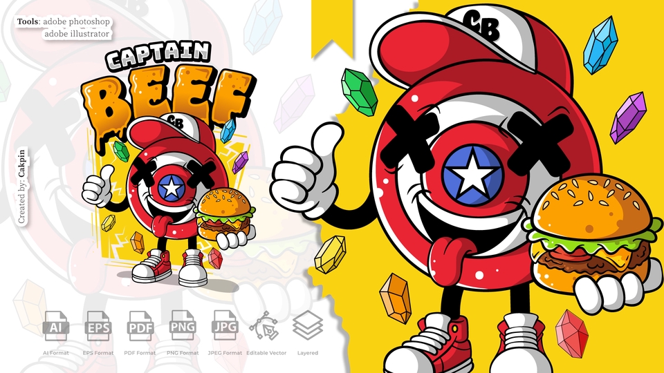 Desain logo keren untuk Captain Beef, logo dengan tema makanan, ideal untuk logo rumah makan, logo restoran, atau logo warung makan.