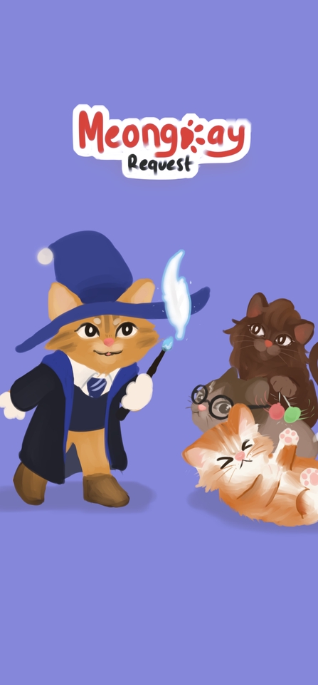 Ilustrasi kartun lucu kucing bertopi penyihir memegang tongkat sihir, sedang menatap ke depan. Ada gambar 2 ekor kucing lain di belakang.
