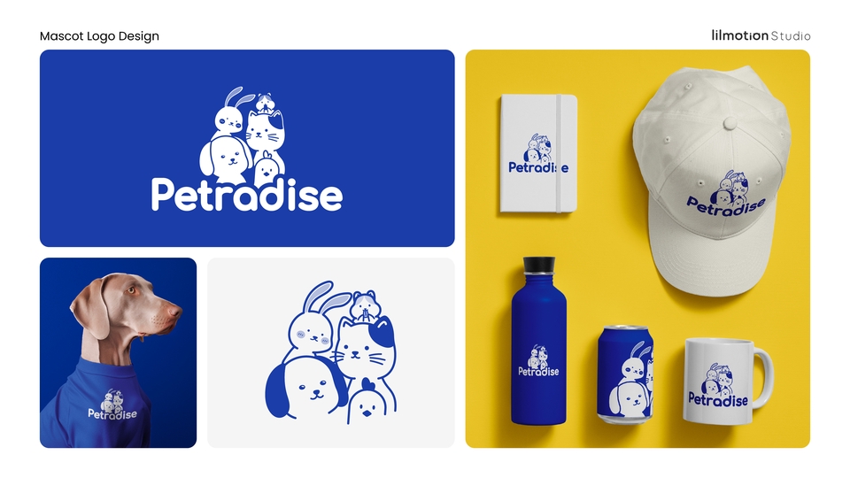 Desain logo Petradise untuk bisnis hewan peliharaan dengan warna biru dan putih.