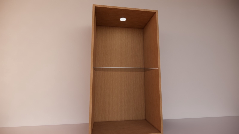 Desain lemari pakaian minimalis dengan rak kaca dan lampu