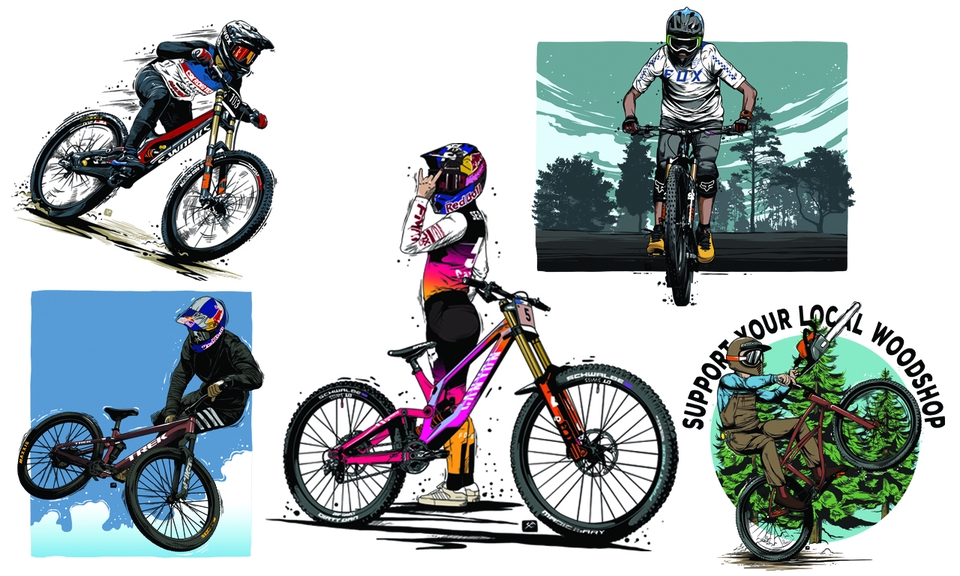 Jasa ilustrasi digital dengan tema sepeda gunung, menampilkan gambar desain ilustrasi orang sedang bersepeda gunung dengan latar belakang pegunungan dan hutan. Ilustrasi ini cocok untuk desain branding, promosi, dan konten media sosial.