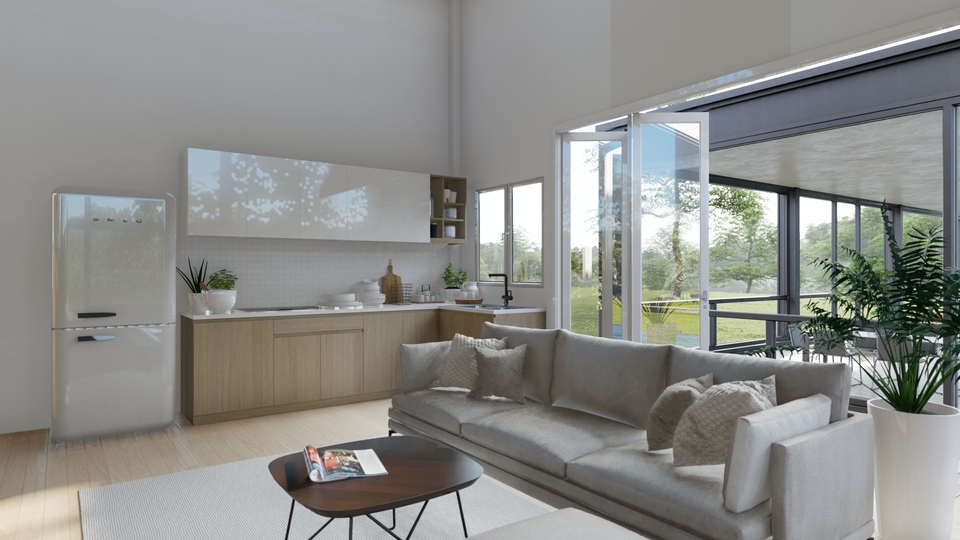 ออกแบบตกแต่งภายในบ้านสวย โมเดิร์น พร้อมห้องครัวและโซฟาหรู