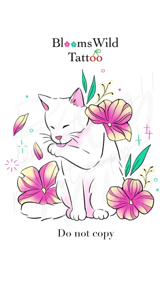 ออกแบบลายสักแมวน่ารักสไตล์มินิมอลกับดอกไม้สีพาสเทล ลายสักสวยๆ ออกแบบลายสักผู้หญิง