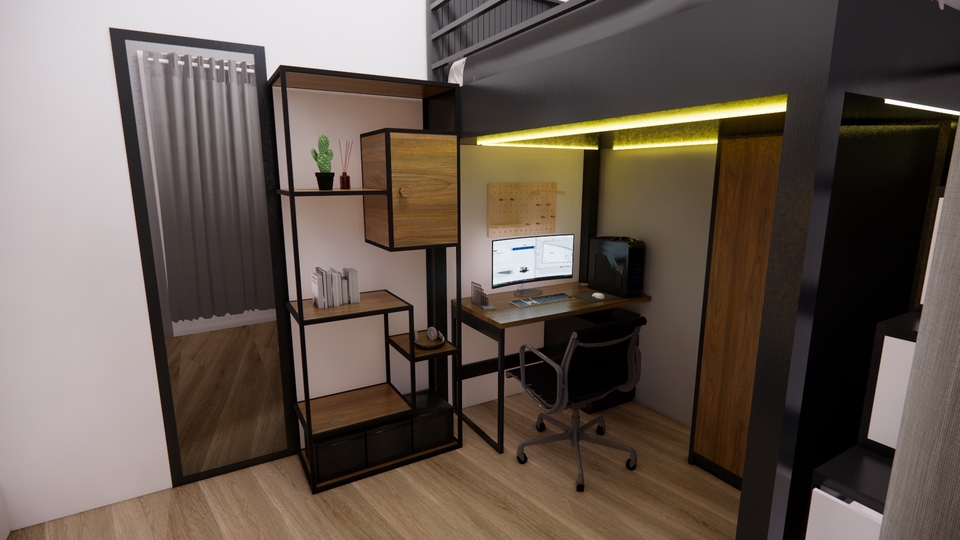 Jasa desain interior rumah minimalis dengan rak dan meja kerja modern.