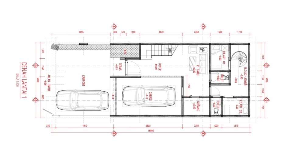 Jasa drafter autocad murah, pembuatan denah lantai 1 dengan desain minimalis dan modern.