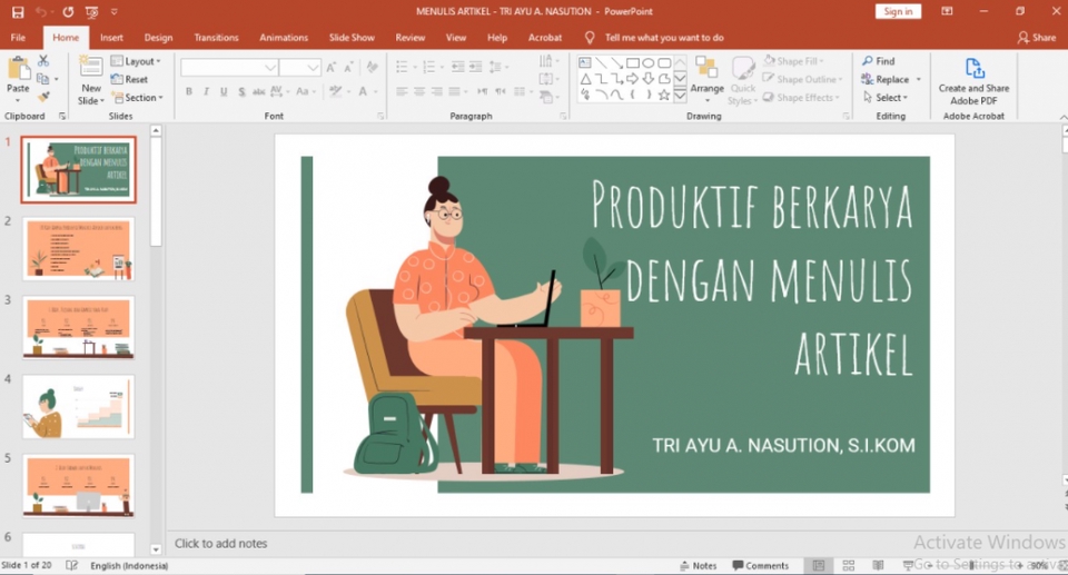 Jasa desain powerpoint presentasi profesional dan kreatif dengan tema Produktif Bekerja dengan Menulis Artikel, cocok untuk presentasi seminar atau kuliah, desain slide presentasi menarik.