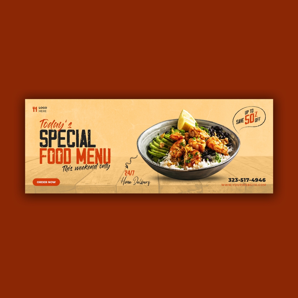 Desain spanduk promo makanan spesial untuk restoran dengan desain menarik dan modern