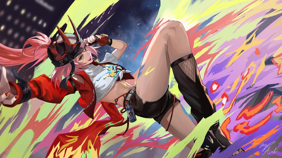 วาดแฟนอาร์ต ตัวละครสาวสวยในชุดสีแดงและดำ บนพื้นหลังสีสันสดใส