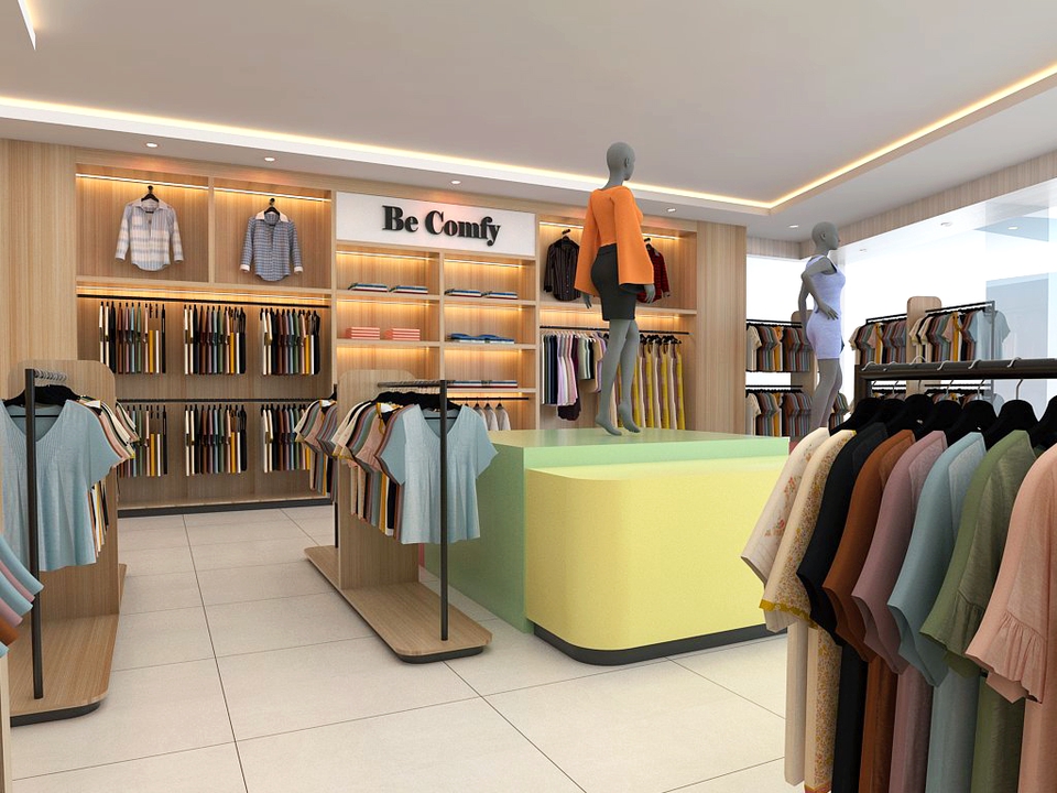 Desain lemari pakaian minimalis modern dengan rak terbuka untuk penyimpanan dan akses mudah ke pakaian.