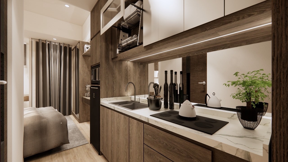 Desain interior dapur minimalis dengan kitchen set dan countertop marmer untuk inspirasi desain rumah modern.