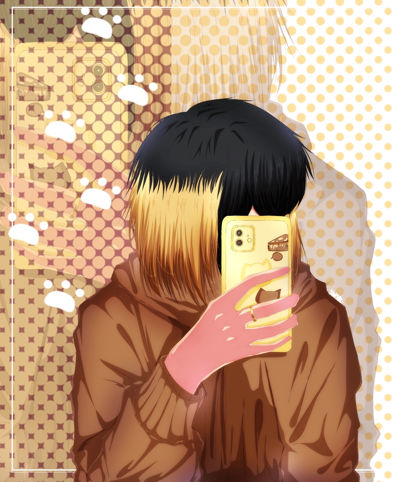 Ilustrasi digital seorang wanita dengan rambut cokelat sedang memegang telepon pintar. jasa ilustrasi digital, jasa ilustrasi, gambar ilustrasi, ilustrasi anime, gambar ilustrasi kartun.