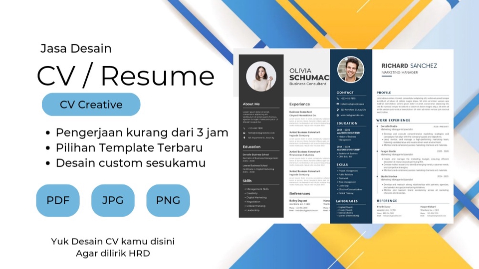 Jasa desain CV kreatif dan profesional, pembuatan resume dan curriculum vitae unik untuk pelamar kerja. Desain CV menarik dan template CV terbaru.