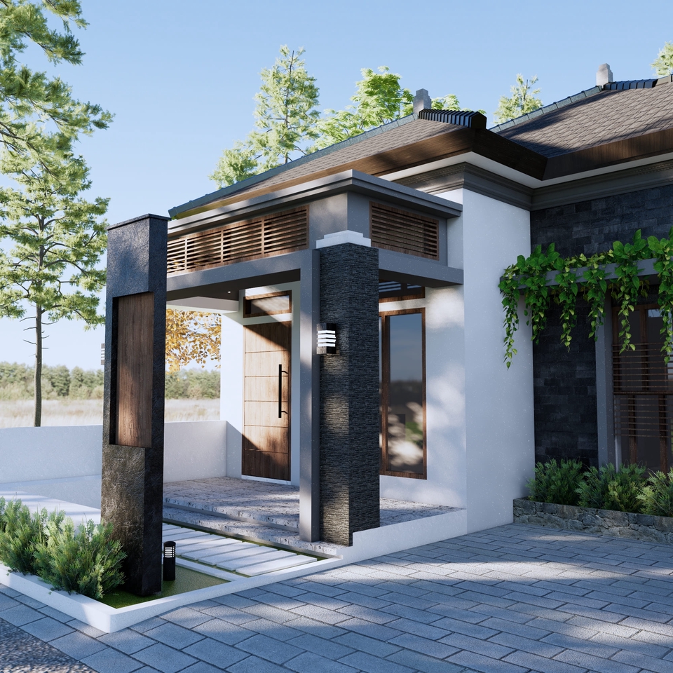 Desain exterior rumah minimalis modern dengan jasa render 3d untuk meningkatkan nilai estetika dan visualisasi rumah.