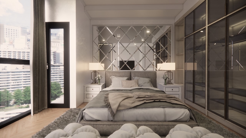 Desain interior apartemen modern dengan bedroom minimalis dan kaca cermin dinding, jasa desain interior, desain apartemen studio, desain interior rumah, desain apartemen mewah, jasa desain interior apartemen.