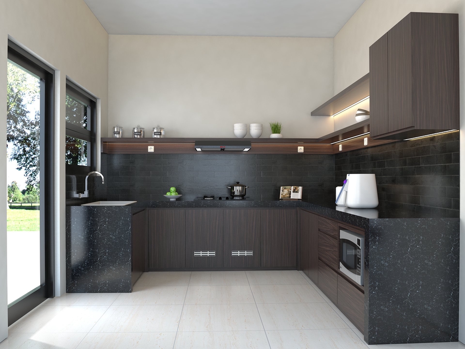 Jasa desain interior dapur minimalis modern dengan kitchen set dan desain 3d render