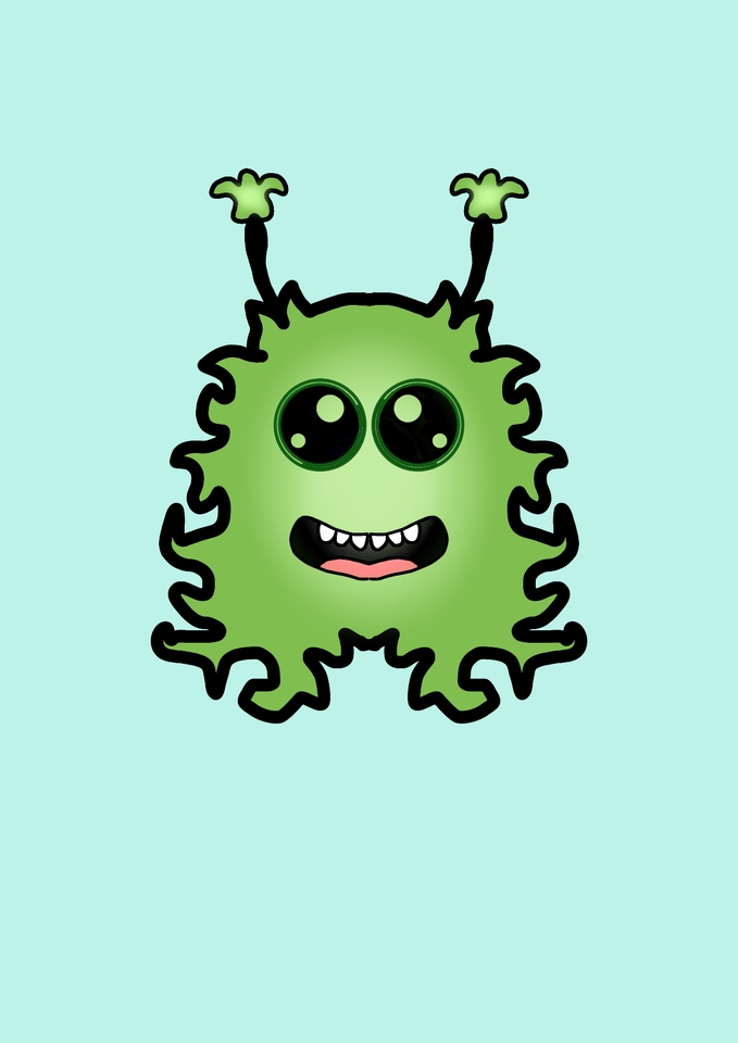 Jasa desain karakter monster kartun imut dengan mata besar dan tersenyum lebar.