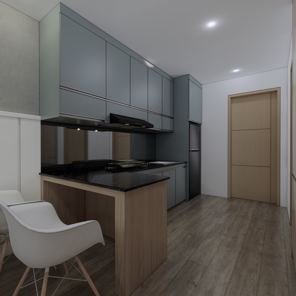 Desain interior dapur minimalis modern dengan kitchen set dan island meja makan - jasa desain interior, jasa arsitek, desain rumah minimalis, desain apartemen, desain kantor.