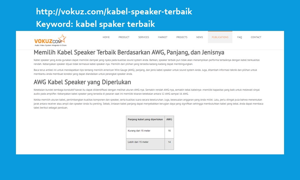 Jasa copywriting konten SEO untuk website toko online, tentang cara memilih kabel speaker terbaik berdasarkan AWG, panjang, dan jenisnya.