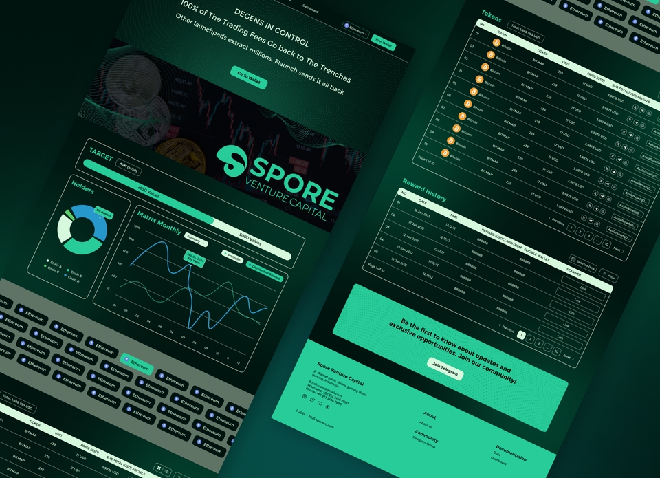 Desain UI UX untuk aplikasi mobile dengan skema warna gelap, menunjukkan statistik dan tabel dengan ikon bertema ruang angkasa.