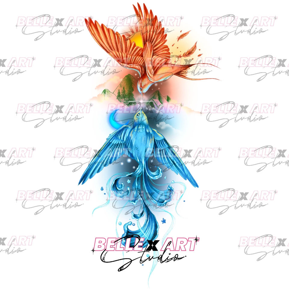 ออกแบบลายสักนกสองตัวสีน้ำเงินและแดง