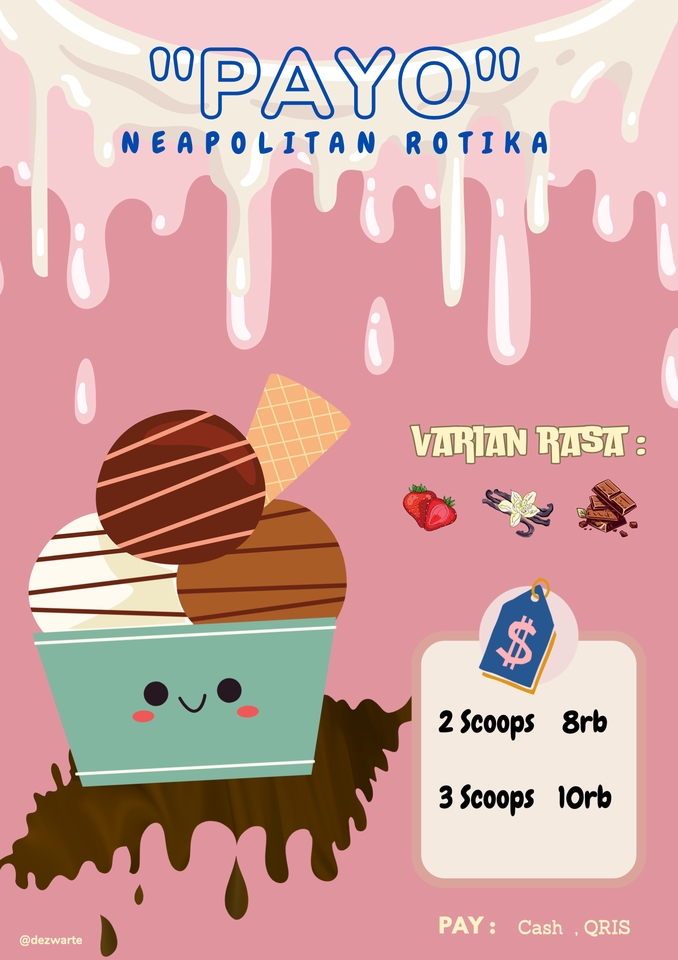 Desain logo "PAYO" untuk Neapolitan Rotika dengan ilustrasi logo, menu, dan informasi harga.