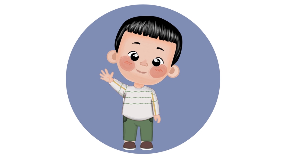 Ilustrasi kartun anak laki-laki dengan baju warna hijau dan putih sedang melambaikan tangan
