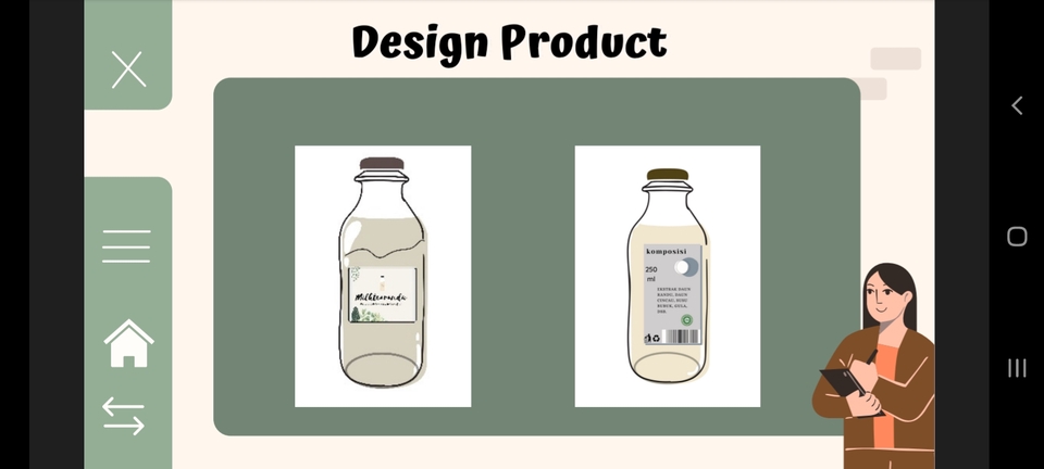 Desain produk minuman susu dalam botol kaca untuk presentasi produk makanan minuman.