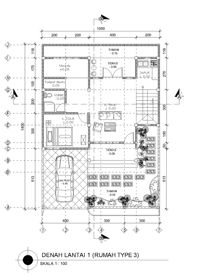 Denah lantai rumah type 3, jasa desain arsitektur rumah, desain interior rumah, jasa desain rumah minimalis, desain rumah modern