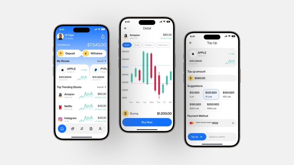 Desain UI UX aplikasi mobile untuk platform keuangan, menampilkan tampilan dashboard, top up saldo, dan grafik saham.