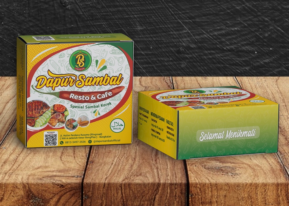 Jasa Desain Kemasan Produk Makanan Dapur Sambal, desain kotak makanan unik dan menarik untuk usaha kuliner.