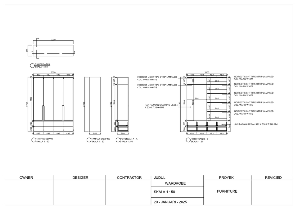 Jasa drafter autocad interior untuk desain lemari pakaian dengan detail ukuran dan material