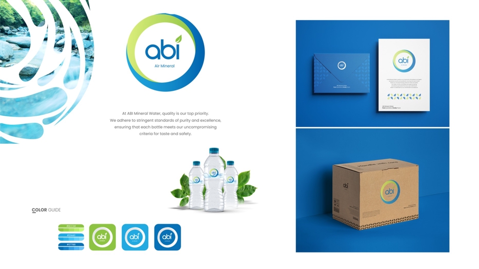 Jasa desain logo untuk brand minuman, logo Abi for Mineral dengan warna biru dan hijau.