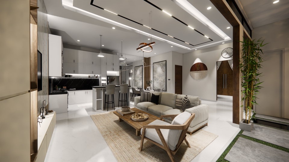 Jasa desain interior ruang tamu modern minimalis dengan konsep terbuka