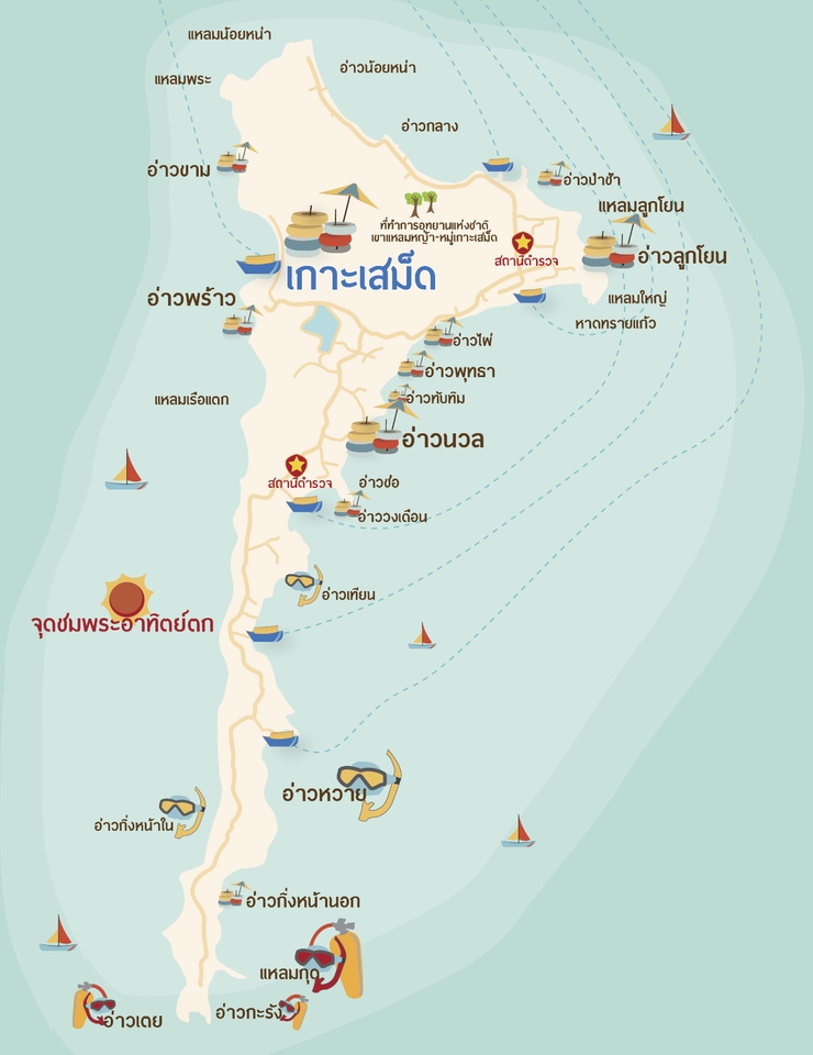 รับวาดแผนที่ท่องเที่ยว เกาะเสม็ด วาดภาพประกอบสถานที่ท่องเที่ยว